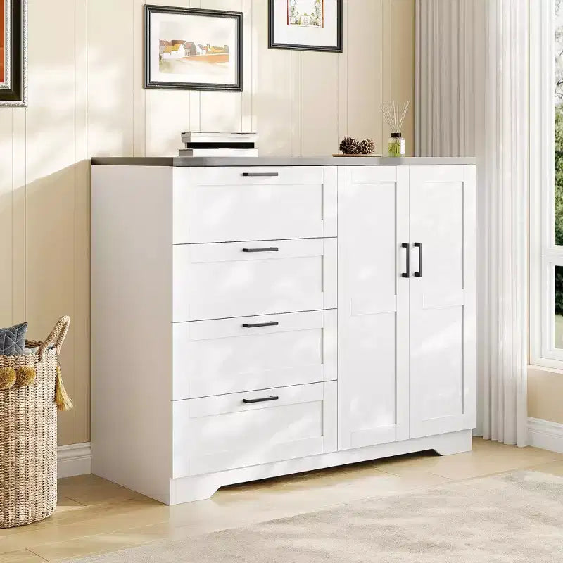 Commode multifonctionnelle en bois de 109,9 cm de hauteur, Armoire de garde-robe à 2 portes avec 4 tiroirs et tringle à vêtements, Meuble de rangement bas pour suspendre les vêtements