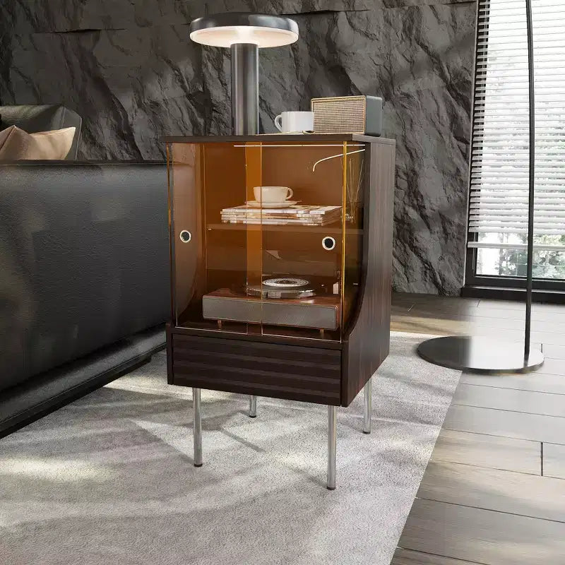 Famapy Retro-Modern Aesthetic Turntable Cabinet: Glass Doors, LED Lighting & Vinyl - Centric Design