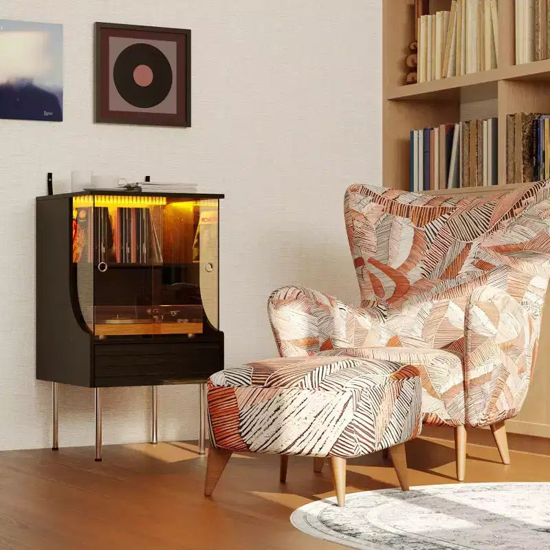 Meuble pour tourne-disque esthétique rétro-moderne Famapy : portes vitrées, éclairage LED et design axé sur le vinyle
