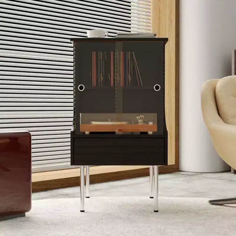 Meuble pour tourne-disque esthétique rétro-moderne Famapy : portes vitrées, éclairage LED et design axé sur le vinyle