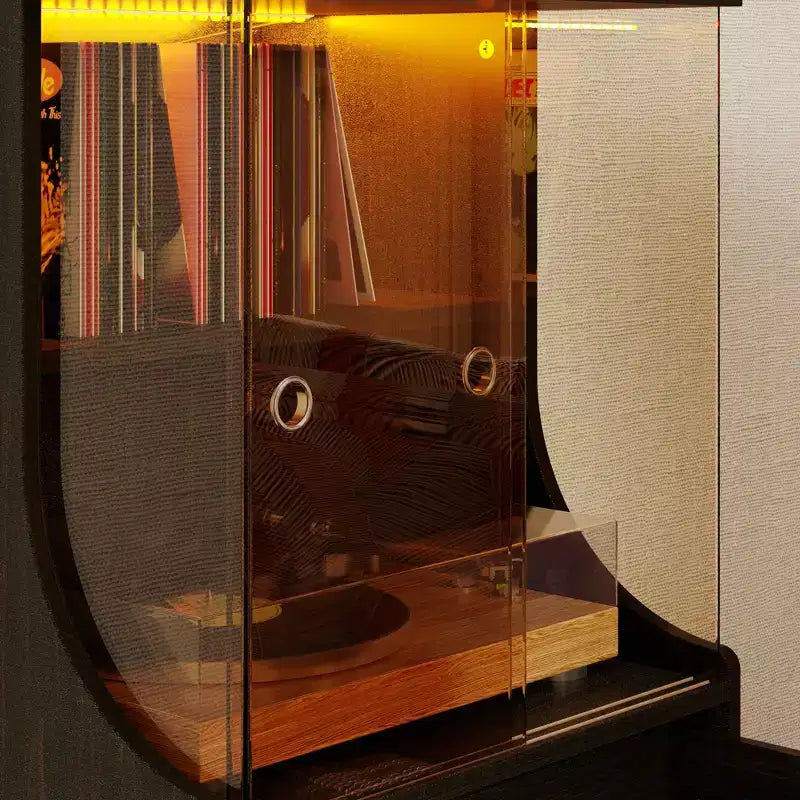 Meuble pour tourne-disque esthétique rétro-moderne Famapy : portes vitrées, éclairage LED et design axé sur le vinyle