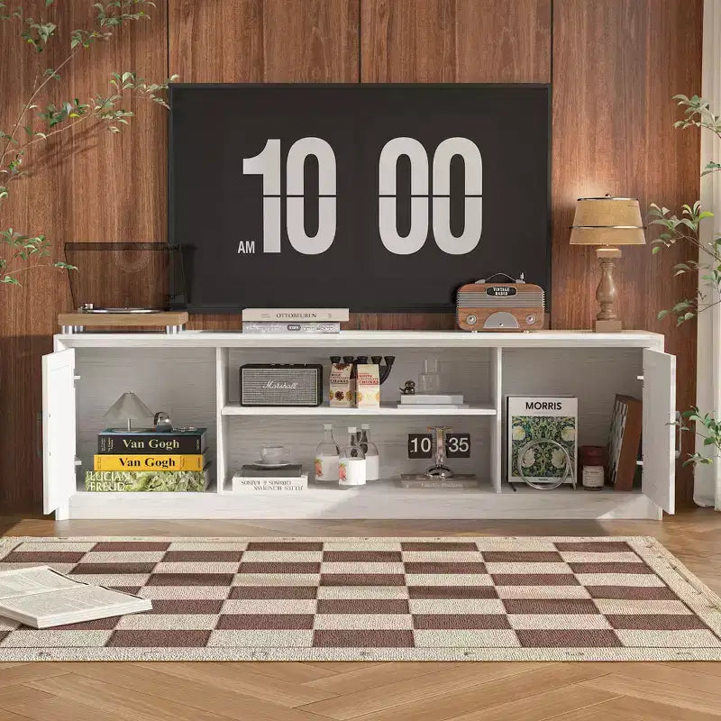 Meuble TV minimaliste Famapy en bois blanc avec placards de rangement - Console média pour l'organisation du salon
