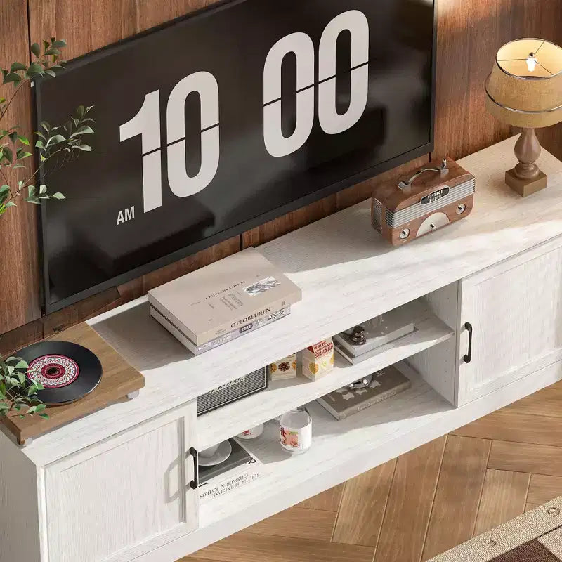 Meuble TV minimaliste Famapy en bois blanc avec placards de rangement - Console média pour l'organisation du salon