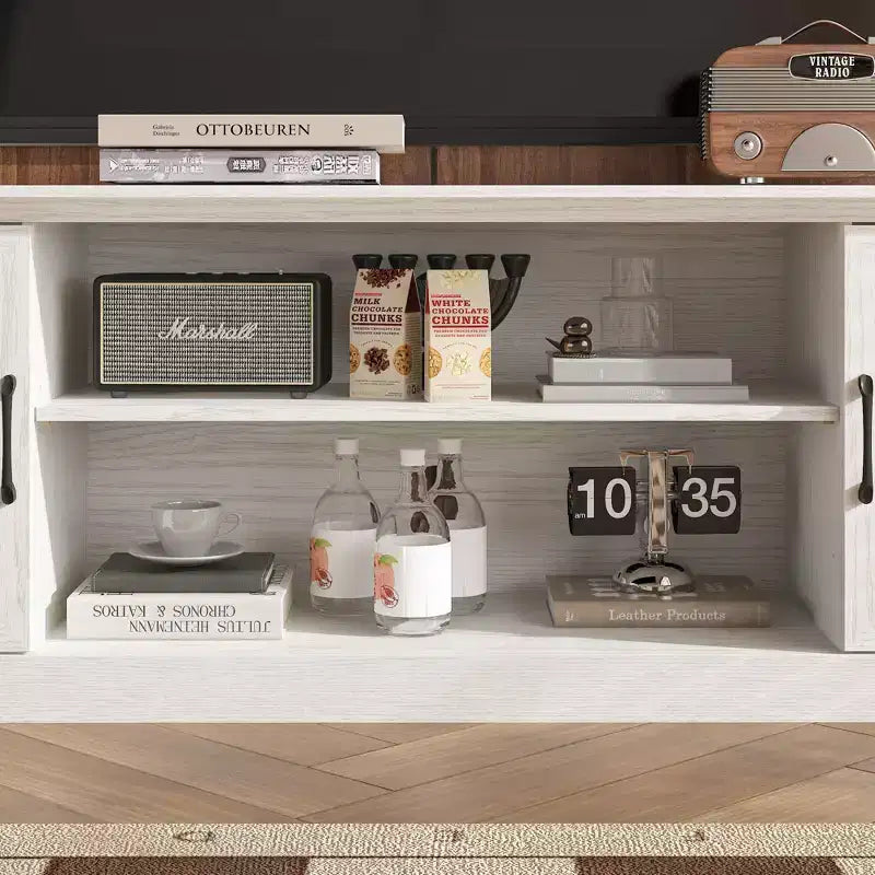 Meuble TV minimaliste Famapy en bois blanc avec placards de rangement - Console média pour l'organisation du salon
