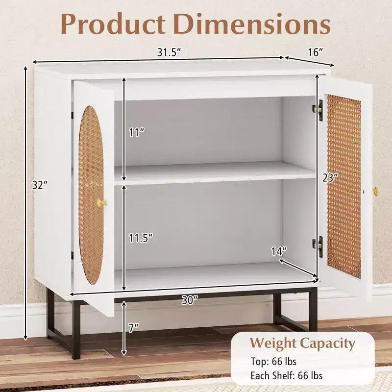 Meuble buffet Costway avec 2 portes, étagère réglable, pieds en métal, meuble de sol d'appoint Naturel/Blanc
