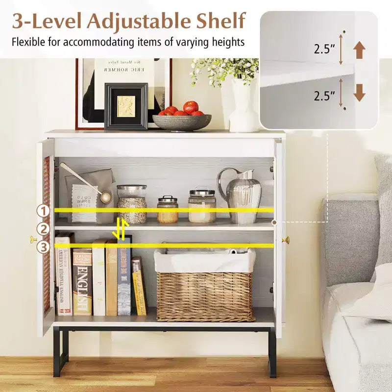 Meuble buffet Costway avec 2 portes, étagère réglable, pieds en métal, meuble de sol d'appoint Naturel/Blanc