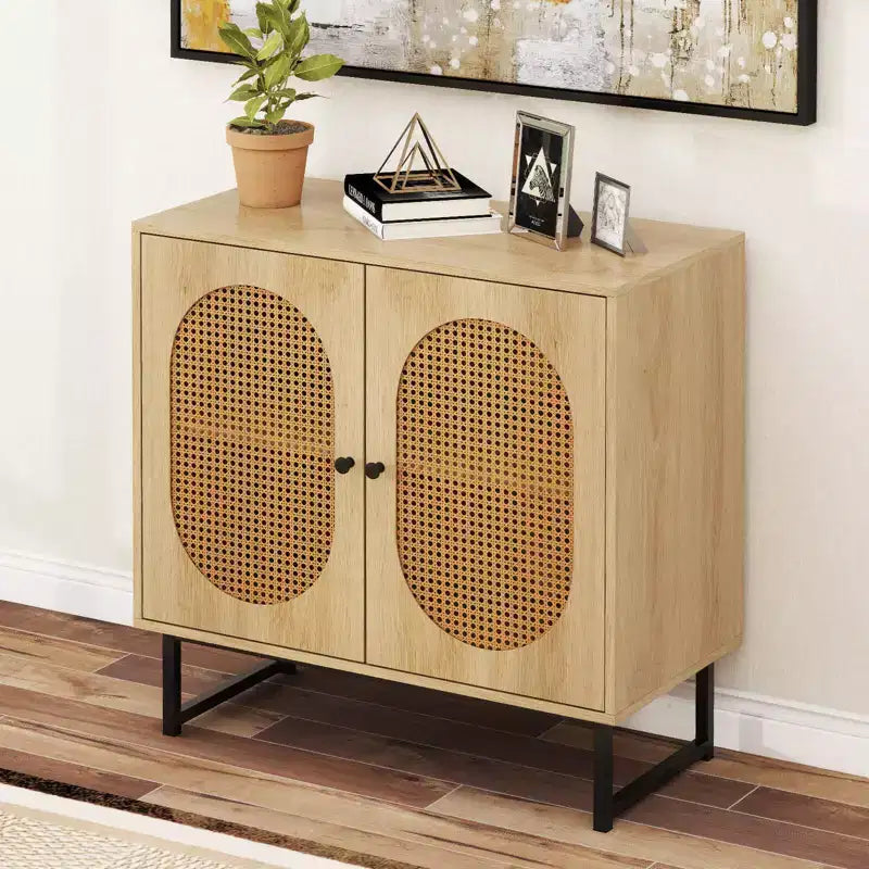 Meuble buffet Costway avec 2 portes, étagère réglable, pieds en métal, meuble de sol d'appoint Naturel/Blanc
