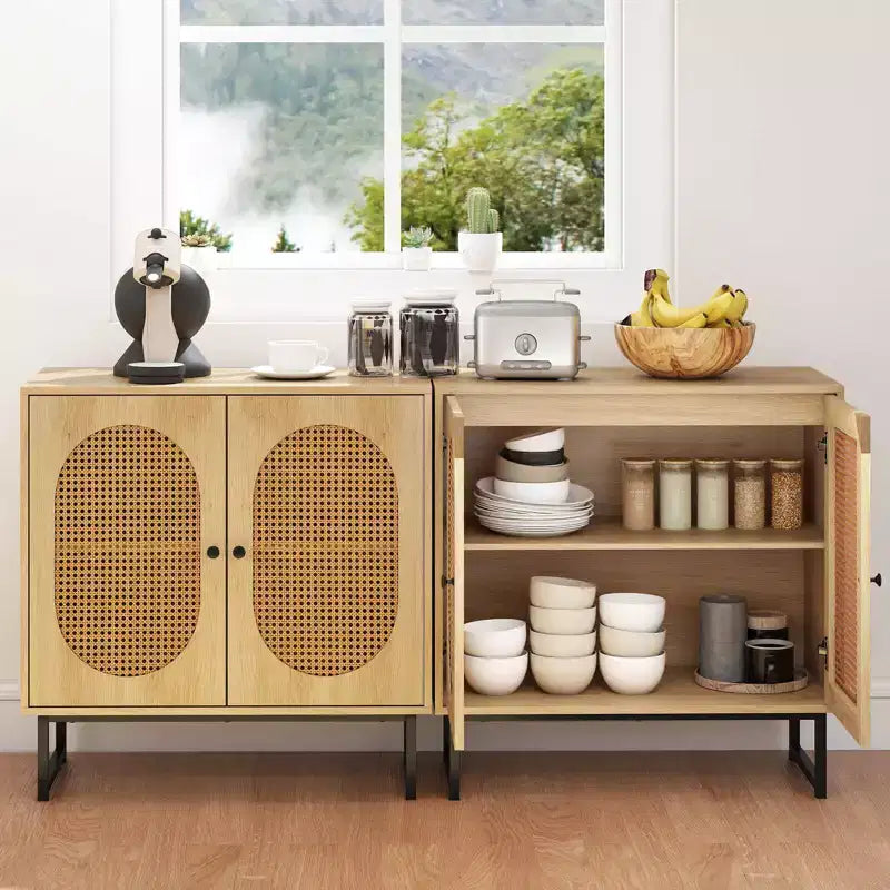 Meuble buffet Costway avec 2 portes, étagère réglable, pieds en métal, meuble de sol d'appoint Naturel/Blanc