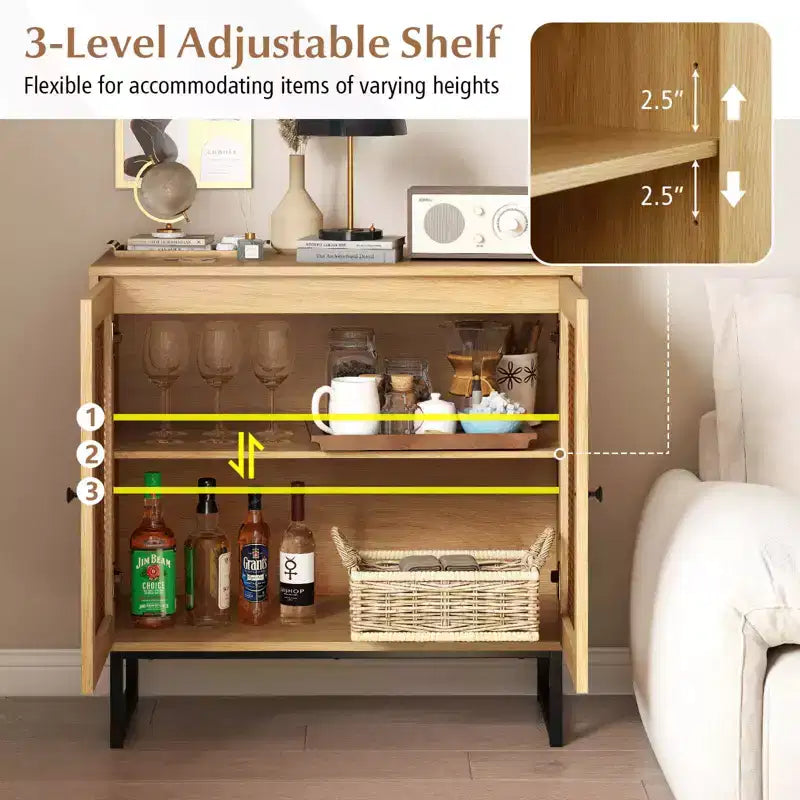 Meuble buffet Costway avec 2 portes, étagère réglable, pieds en métal, meuble de sol d'appoint Naturel/Blanc