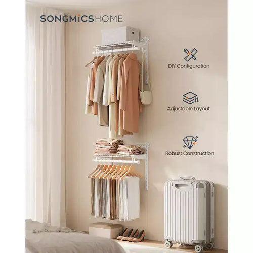 2-4 ft Adjustable Closet System - Metal Shelving Unit with 2 Rods & Shelves, 141 lb Capacity, for Wardrobe/Pantry, Cloud White