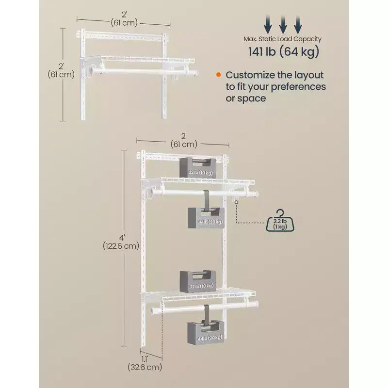 Système de rangement ajustable pour placard de 0,6 à 1,2 m – Étagère métallique avec 2 tringles et tablettes, capacité de 64 kg, pour penderie/garde-manger, Blanc nuage