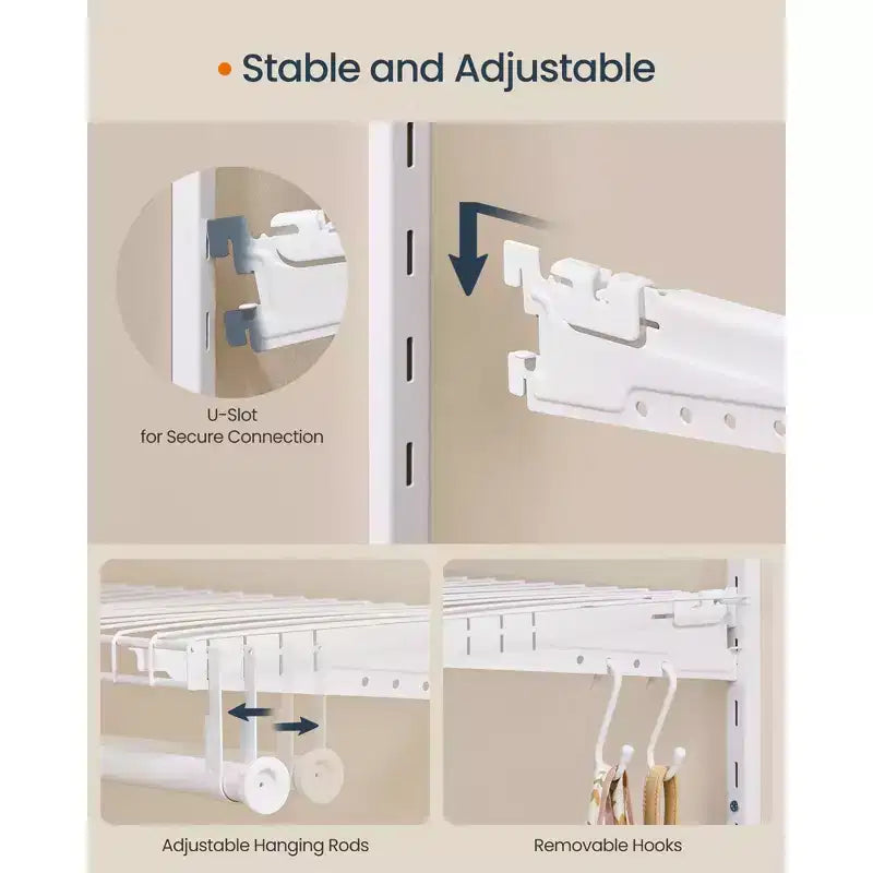 Système de rangement ajustable pour placard de 0,6 à 1,2 m – Étagère métallique avec 2 tringles et tablettes, capacité de 64 kg, pour penderie/garde-manger, Blanc nuage