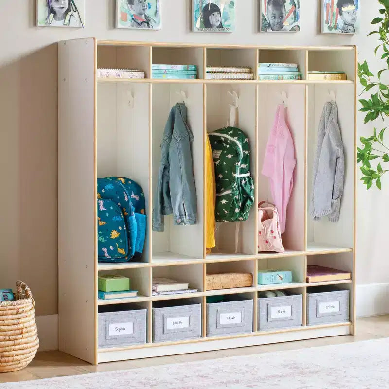 Casier de rangement en bois Guidecraft EdQ à 5 compartiments pour salle de classe, organisateur pour enfants avec étagères et crochets pour manteaux