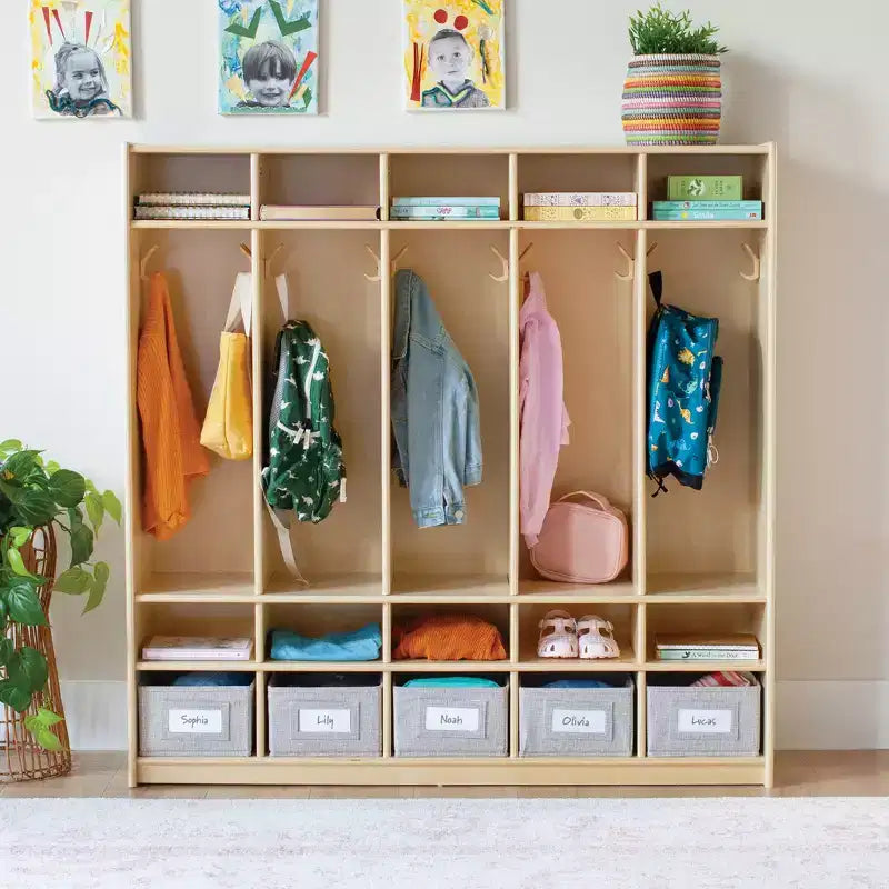 Casier de rangement en bois Guidecraft EdQ à 5 compartiments pour salle de classe, organisateur pour enfants avec étagères et crochets pour manteaux