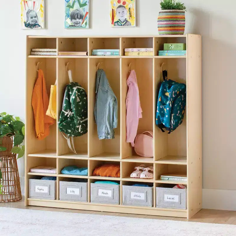 Casier de rangement en bois Guidecraft EdQ à 5 compartiments pour salle de classe, organisateur pour enfants avec étagères et crochets pour manteaux