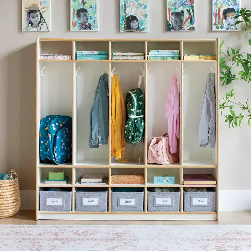 Casier de rangement en bois Guidecraft EdQ à 5 compartiments pour salle de classe, organisateur pour enfants avec étagères et crochets pour manteaux