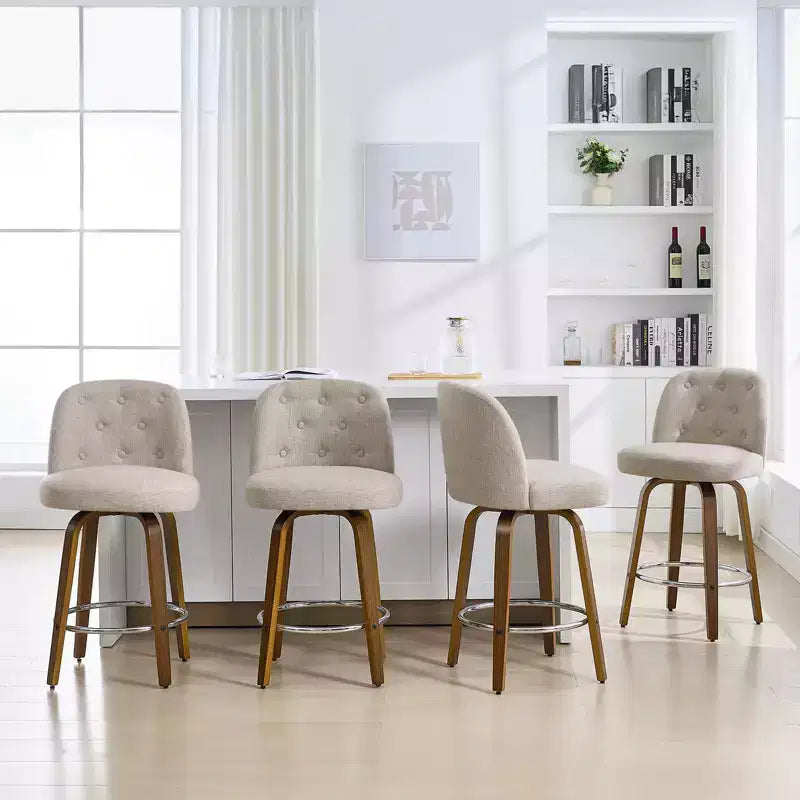 26 Swivel Counter Height Bar Stools with Backs,Linen Fabric Upholstered,Walnut Wood Legs - Mid-Century Modern for Kitchen Island, 4 PCs,Sand