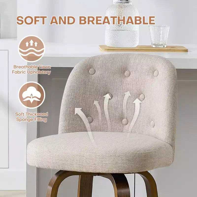 26 Tabourets de Bar Pivotants Hauteur Comptoir avec Dossier, Rembourrés en Tissu Lin, Pieds en Bois de Noyer - Style Mid-Century Moderne pour Îlot de Cuisine, Lot de 4, Sable