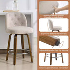 26 Tabourets de Bar Pivotants Hauteur Comptoir avec Dossier, Rembourrés en Tissu Lin, Pieds en Bois de Noyer - Style Mid-Century Moderne pour Îlot de Cuisine, Lot de 4, Sable
