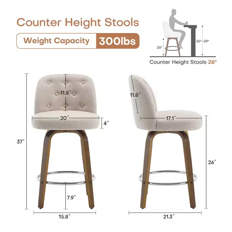 26 Tabourets de Bar Pivotants Hauteur Comptoir avec Dossier, Rembourrés en Tissu Lin, Pieds en Bois de Noyer - Style Mid-Century Moderne pour Îlot de Cuisine, Lot de 4, Sable