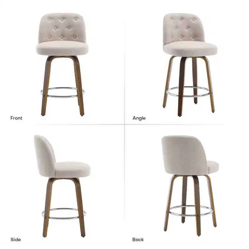 26 Tabourets de Bar Pivotants Hauteur Comptoir avec Dossier, Rembourrés en Tissu Lin, Pieds en Bois de Noyer - Style Mid-Century Moderne pour Îlot de Cuisine, Lot de 4, Sable