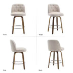 26 Tabourets de Bar Pivotants Hauteur Comptoir avec Dossier, Rembourrés en Tissu Lin, Pieds en Bois de Noyer - Style Mid-Century Moderne pour Îlot de Cuisine, Lot de 4, Sable
