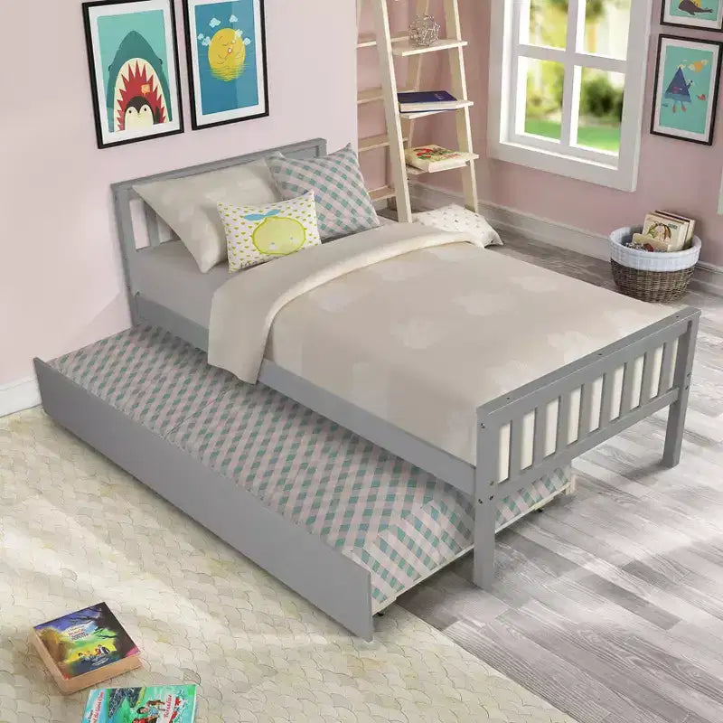 MAYEERTY Twin Platform Bed with Trundle with Headboard Footboard Gray for Bedroom