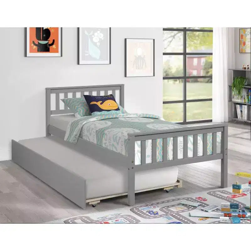 Lit double plateforme MAYEERTY avec lit gigogne, tête de lit et pied de lit, gris, pour chambre à coucher
