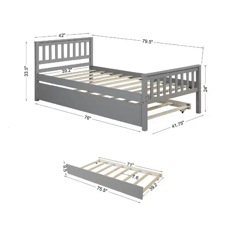 Lit double plateforme MAYEERTY avec lit gigogne, tête de lit et pied de lit, gris, pour chambre à coucher