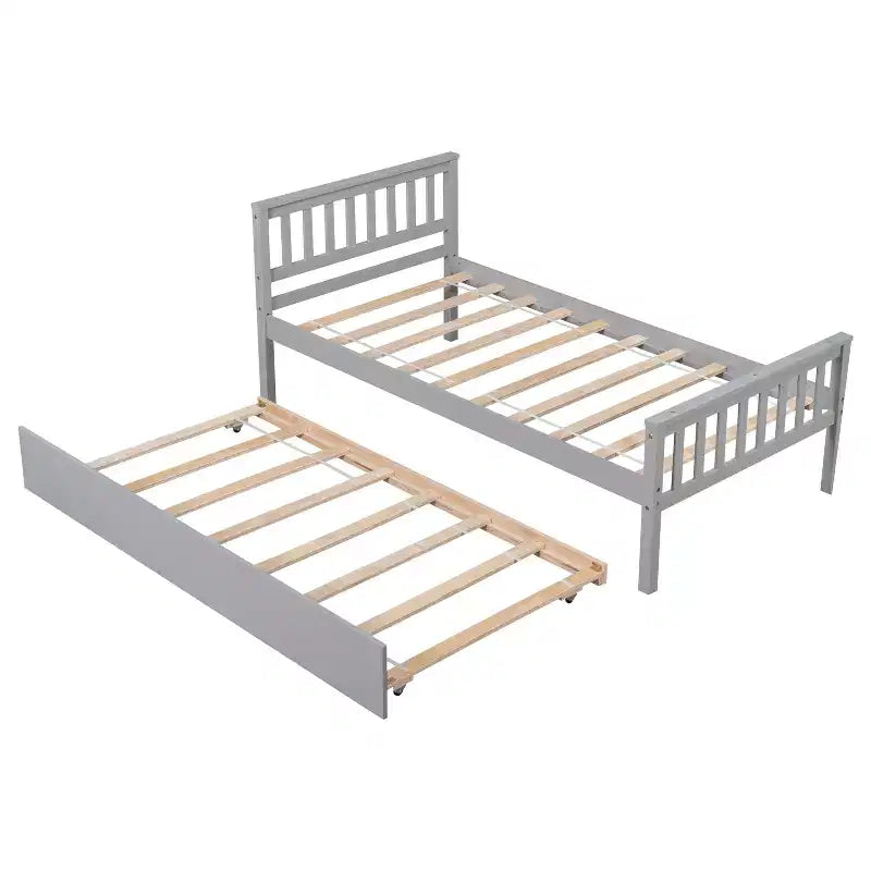 Lit double plateforme MAYEERTY avec lit gigogne, tête de lit et pied de lit, gris, pour chambre à coucher
