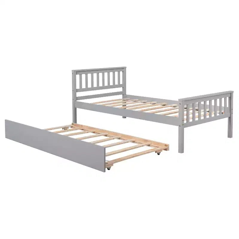 Lit double plateforme MAYEERTY avec lit gigogne, tête de lit et pied de lit, gris, pour chambre à coucher