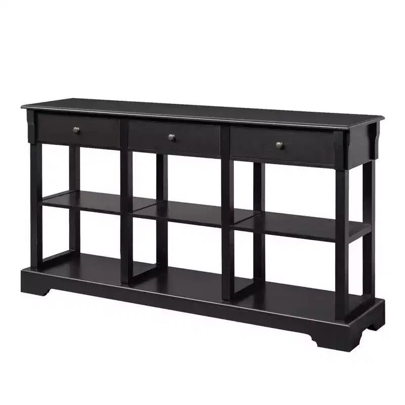Table d'entrée en panneau de fibres de bois laqué noir 3 couches 3 tiroirs 6 compartiments côtés avec base incurvée 147,3 x 36 x 82 cm