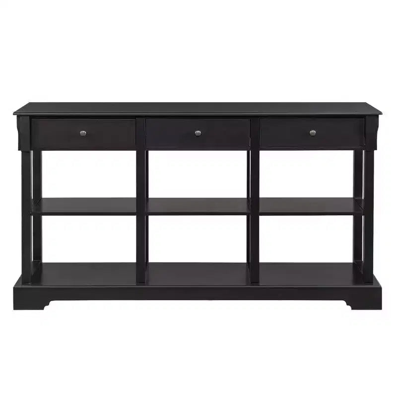 Table d'entrée en panneau de fibres de bois laqué noir 3 couches 3 tiroirs 6 compartiments côtés avec base incurvée 147,3 x 36 x 82 cm