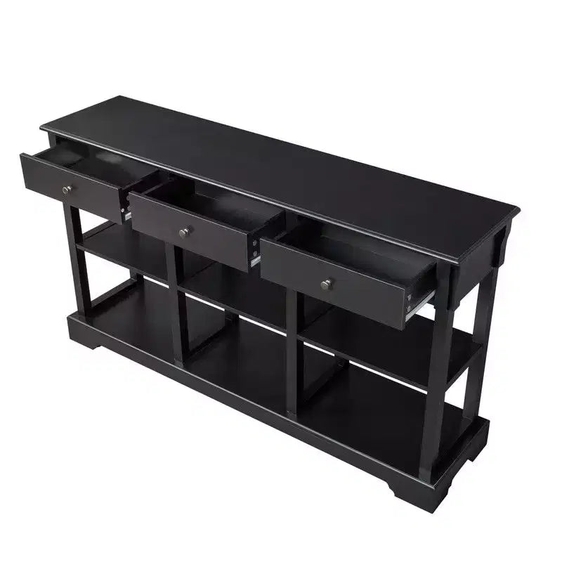 Table d'entrée en panneau de fibres de bois laqué noir 3 couches 3 tiroirs 6 compartiments côtés avec base incurvée 147,3 x 36 x 82 cm