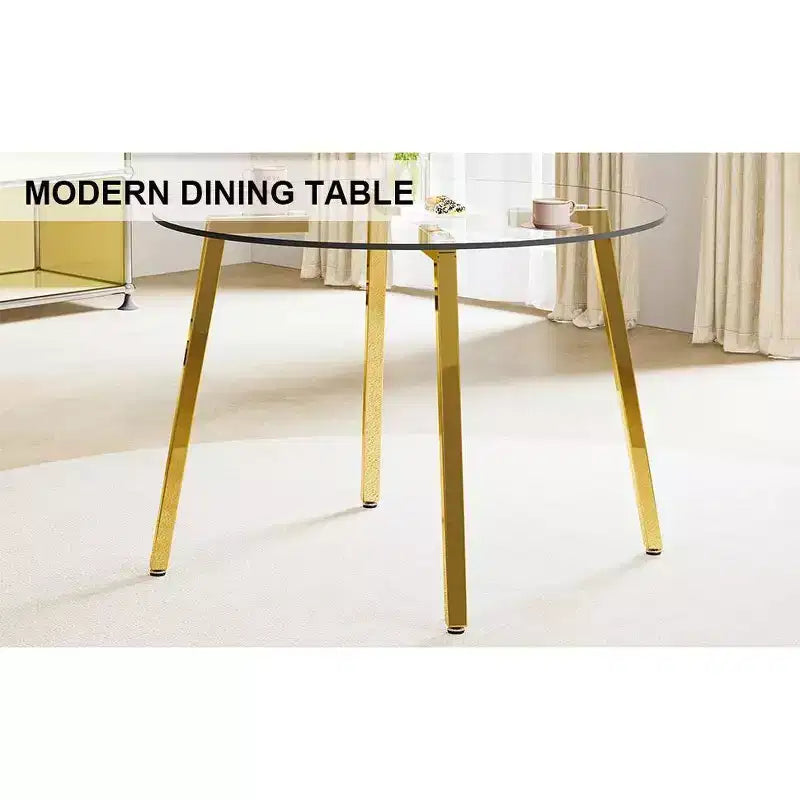 Table à manger ronde de luxe moderne Okak avec plateau en verre et pieds en métal pour salle à manger