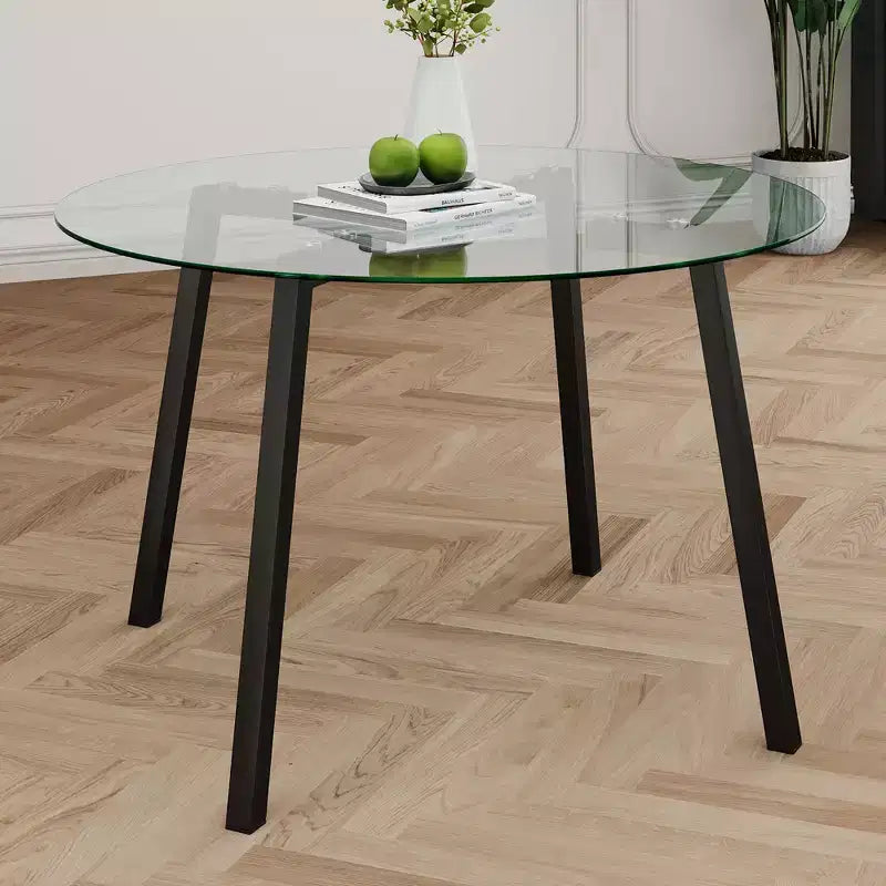 Table à manger ronde de luxe moderne Okak avec plateau en verre et pieds en métal pour salle à manger