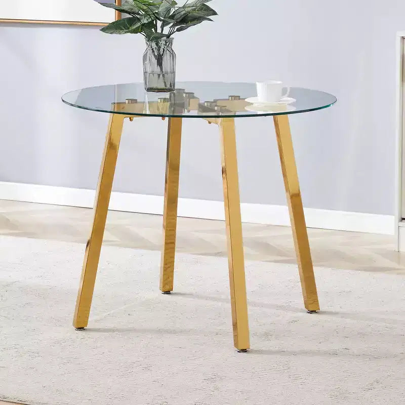 Table à manger ronde de luxe moderne Okak avec plateau en verre et pieds en métal pour salle à manger