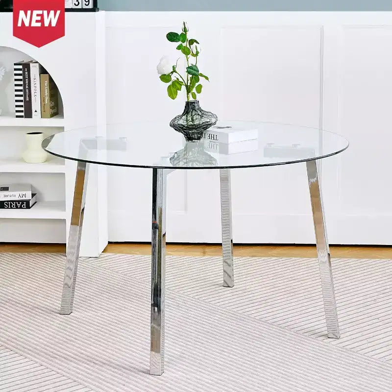 Table à manger ronde de luxe moderne Okak avec plateau en verre et pieds en métal pour salle à manger