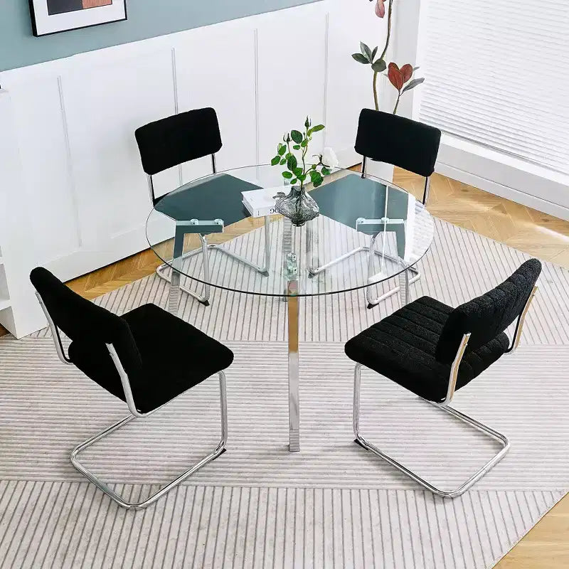 Table à manger ronde de luxe moderne Okak avec plateau en verre et pieds en métal pour salle à manger