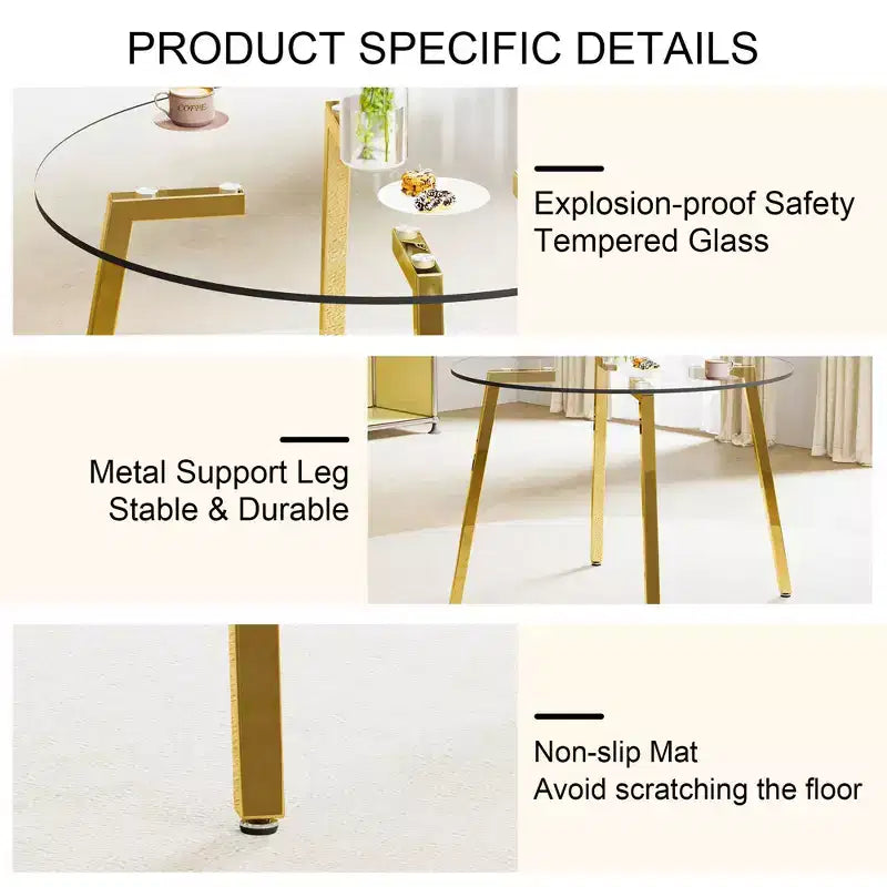 Table à manger ronde de luxe moderne Okak avec plateau en verre et pieds en métal pour salle à manger