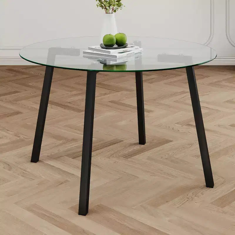 Table à manger ronde de luxe moderne Okak avec plateau en verre et pieds en métal pour salle à manger