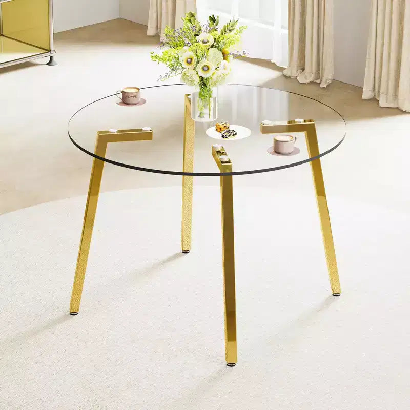 Table à manger ronde de luxe moderne Okak avec plateau en verre et pieds en métal pour salle à manger