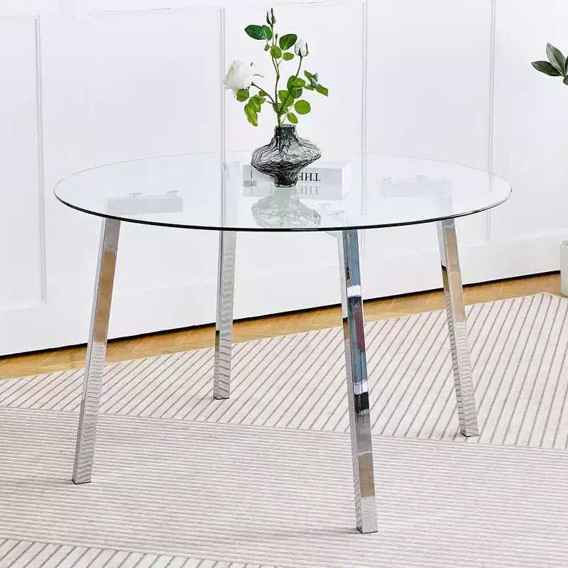 Table à manger ronde de luxe moderne Okak avec plateau en verre et pieds en métal pour salle à manger