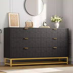 Commode de Chambre, Grande Commode de Rangement 53,5 pouces, 6 Tiroirs avec Poignées et Pieds en Métal Doré, Commode Moderne, Commode Grise avec Tiroirs