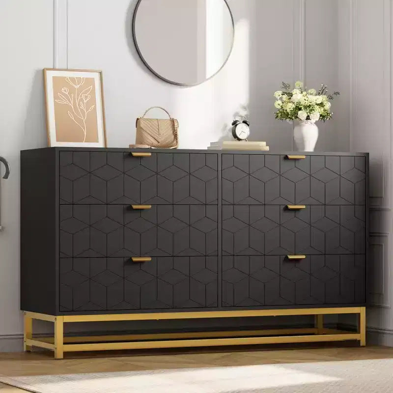 Commode de Chambre, Grande Commode de Rangement 53,5 pouces, 6 Tiroirs avec Poignées et Pieds en Métal Doré, Commode Moderne, Commode Grise avec Tiroirs