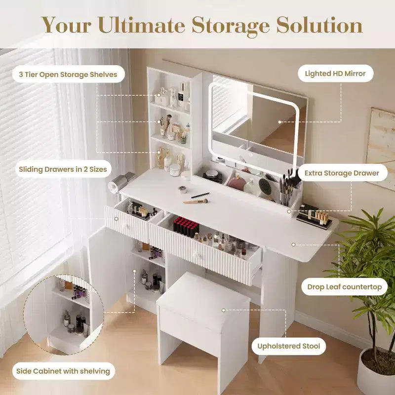 Coiffeuse GustoWave avec miroir et lumières, table de maquillage avec prises de courant, tiroirs et meuble de rangement, tabouret de rangement, coiffeuse pour chambre à coucher