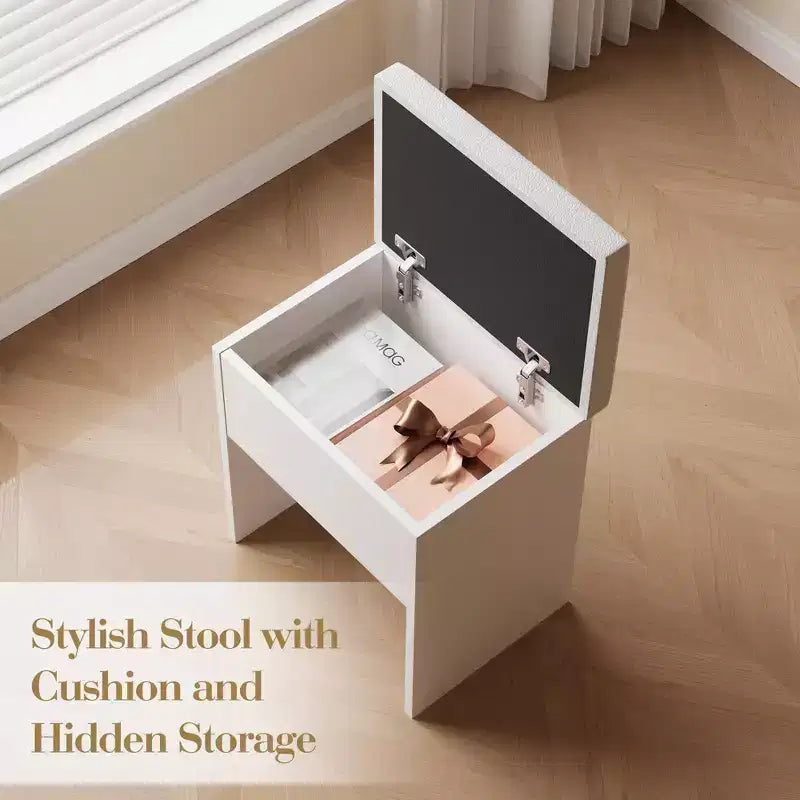 Coiffeuse GustoWave avec miroir et lumières, table de maquillage avec prises de courant, tiroirs et meuble de rangement, tabouret de rangement, coiffeuse pour chambre à coucher