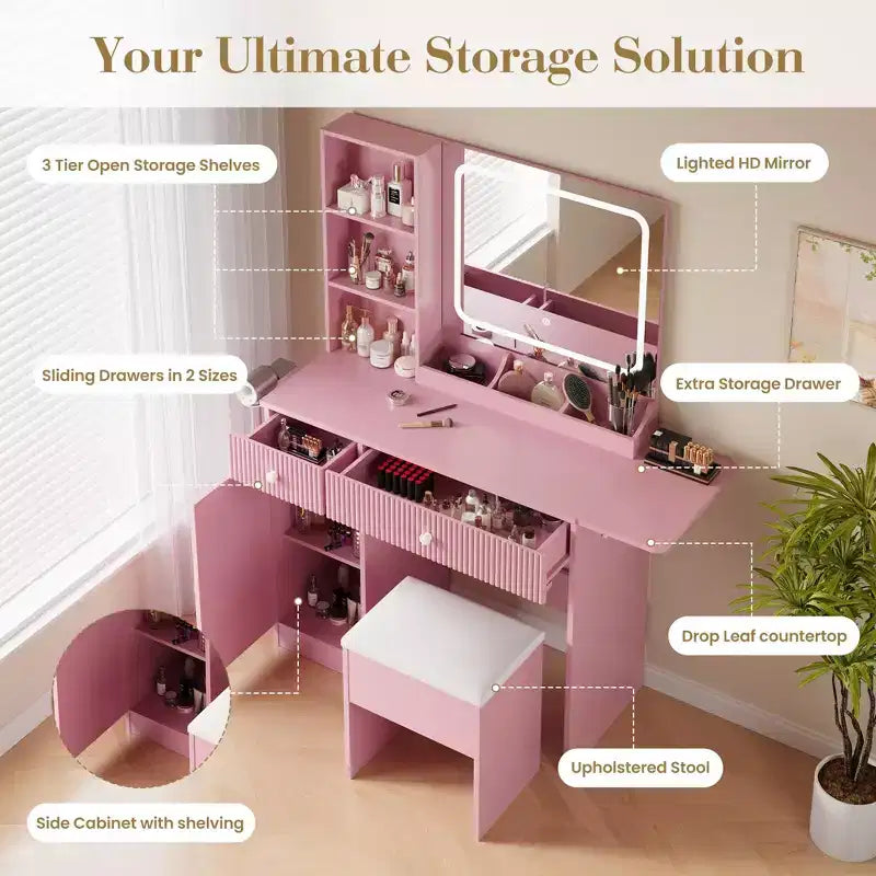 Coiffeuse GustoWave avec miroir et lumières, table de maquillage avec prises de courant, tiroirs et meuble de rangement, tabouret de rangement, coiffeuse pour chambre à coucher