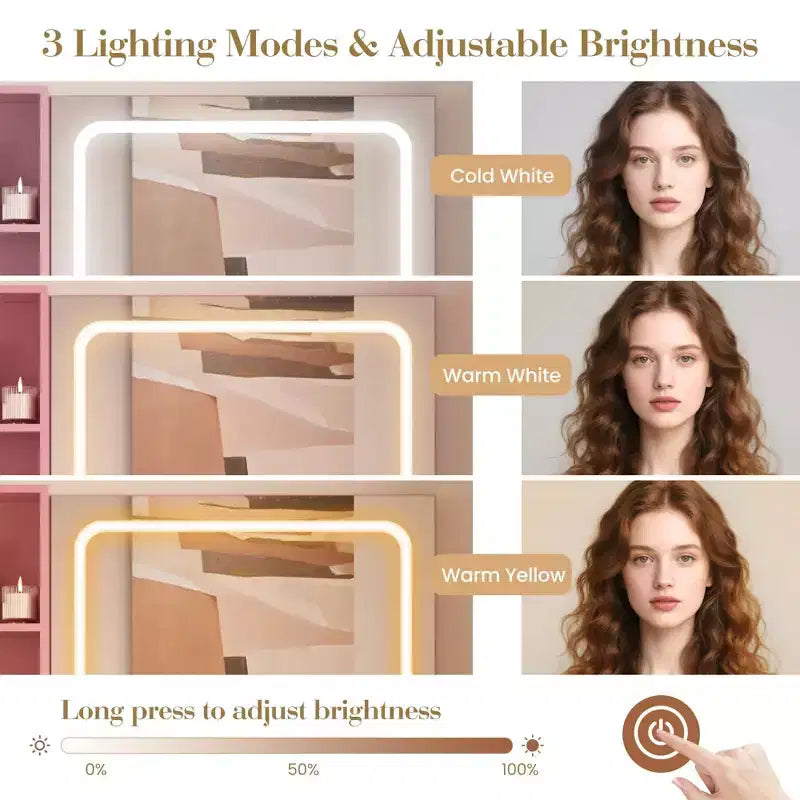 Coiffeuse GustoWave avec miroir et lumières, table de maquillage avec prises de courant, tiroirs et meuble de rangement, tabouret de rangement, coiffeuse pour chambre à coucher