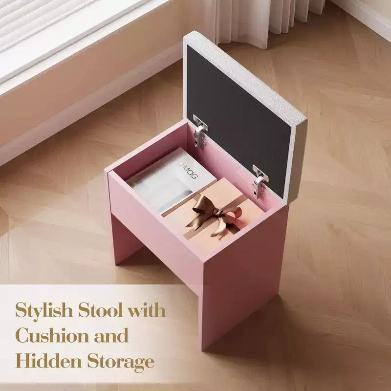 Coiffeuse GustoWave avec miroir et lumières, table de maquillage avec prises de courant, tiroirs et meuble de rangement, tabouret de rangement, coiffeuse pour chambre à coucher